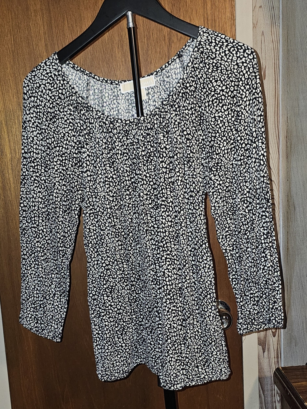 Michael Kors Black and White Leopard Scoop Neck Long Sleeve Petite Top